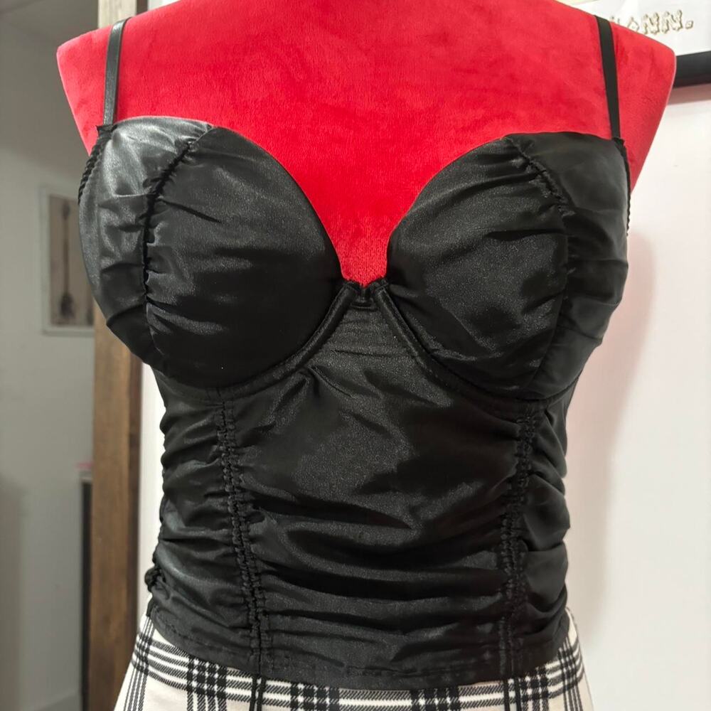 Black satin crop top corset